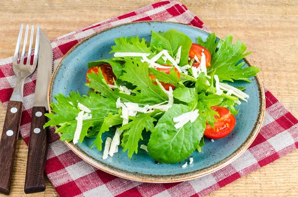 Зеленые листья салата, помидоры, сыр на голубой тарелке — стоковое фото