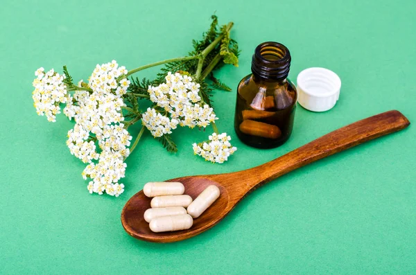 Cápsulas medicinales a base de hierbas, pastillas de plantas medicinales sobre fondo verde —  Fotos de Stock