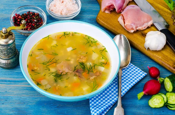 Горячий овощной суп с куриным мясом — стоковое фото