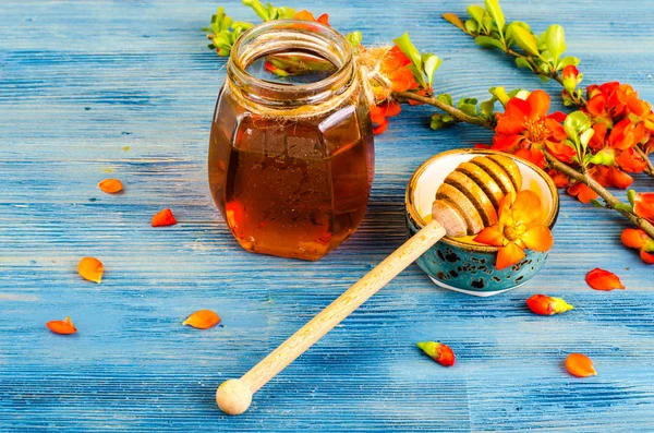 Honey from summer meadow flowers on blue wooden background — Stock Photo, Image