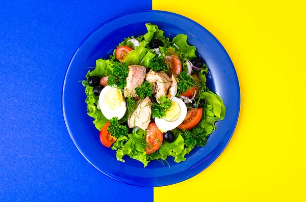 Piatto blu con insalata di pesce su sfondo brillante — Foto Stock