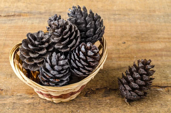 Brown pine and cedar cones on wooden background