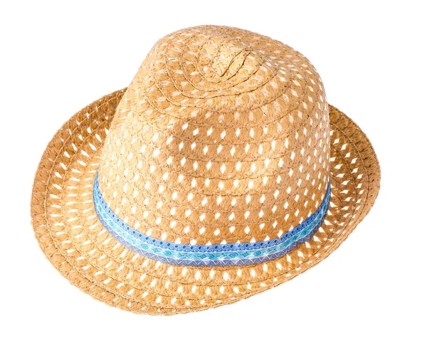 Summer hat with blue ribbon, isolated on white background — Stock Photo, Image