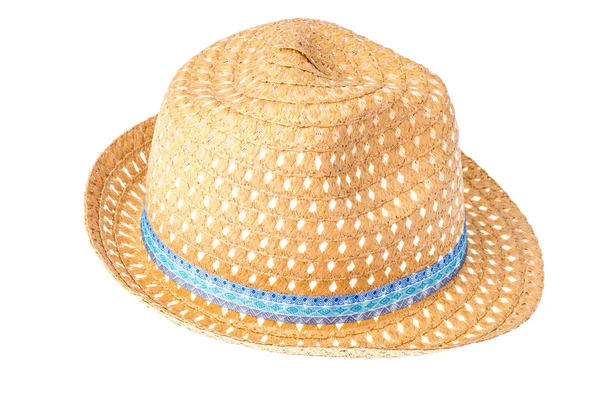 Cappello estivo con nastro blu, isolato su sfondo bianco — Foto Stock