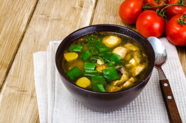 Petrol ve taze soğan kahverengi kase sebze suyu