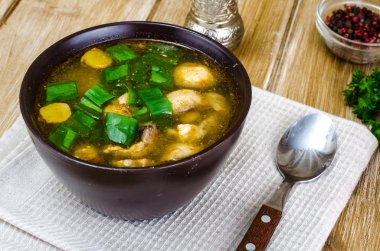 Petrol ve taze soğan kahverengi kase sebze suyu