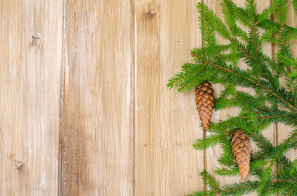 Spruce branches, pine trees on wooden background for Christmas mockup