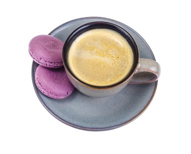 Espresso gri mavi Kupası ve macaroons