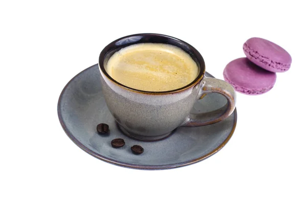 Espresso en taza azul gris y macarrones —  Fotos de Stock