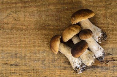 Ahşap masa üzerinde orman mantar demet