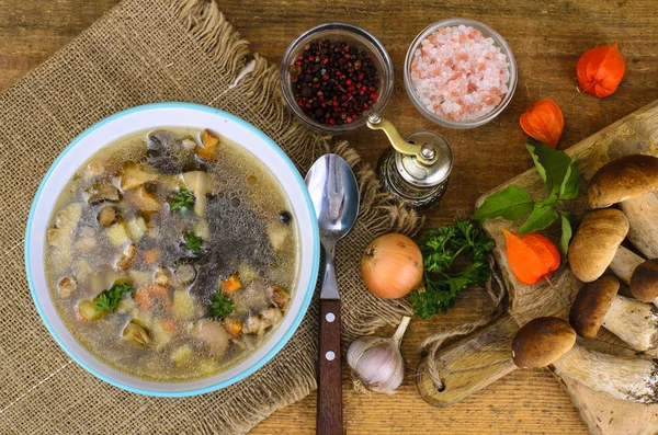 Delicious hot soup with wild mushrooms and potatoes