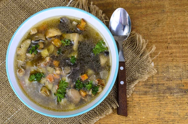 Delicious hot soup with wild mushrooms and potatoes — Stock Photo, Image