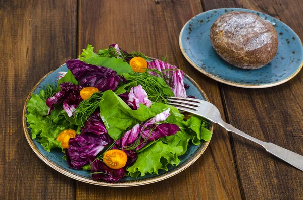 Змішати листя салату листя з радіккіо на тарілку — стокове фото