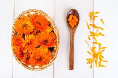 Tıbbi hazırlıkları üzerinde şifalı bitkiler dayalı. Calendula marigold çiçek. Studio fotoğraf