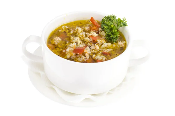 Bowl Rice Soup Vegetables Isolated White Background Studio Photo — Stock Photo, Image