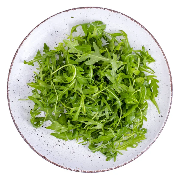 Vintage Plate Fresh Arugula Isolated White Background Top View Studio — Stock Photo, Image