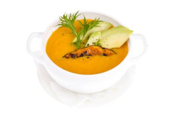 Avokado ile vejetaryen kabak çorbası. Studio fotoğraf