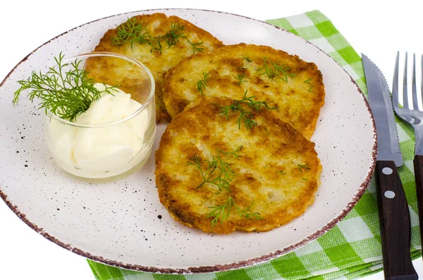 Vegetarische Groente Gebakken Aardappel Pannenkoeken Met Saus Studio Foto — Stockfoto