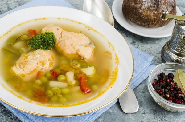 Fish soup with vegetables and salmon in white plate on gray background. Studio Photo — Stock Image Fish Soup Vegetables Salmon White Plate Gray Background Studio Photo Royalty Free Stock Images