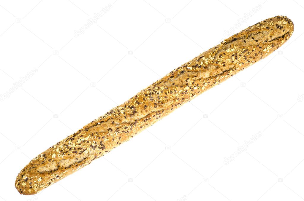 Wholegrain baguette with flax seeds. Studio Photo