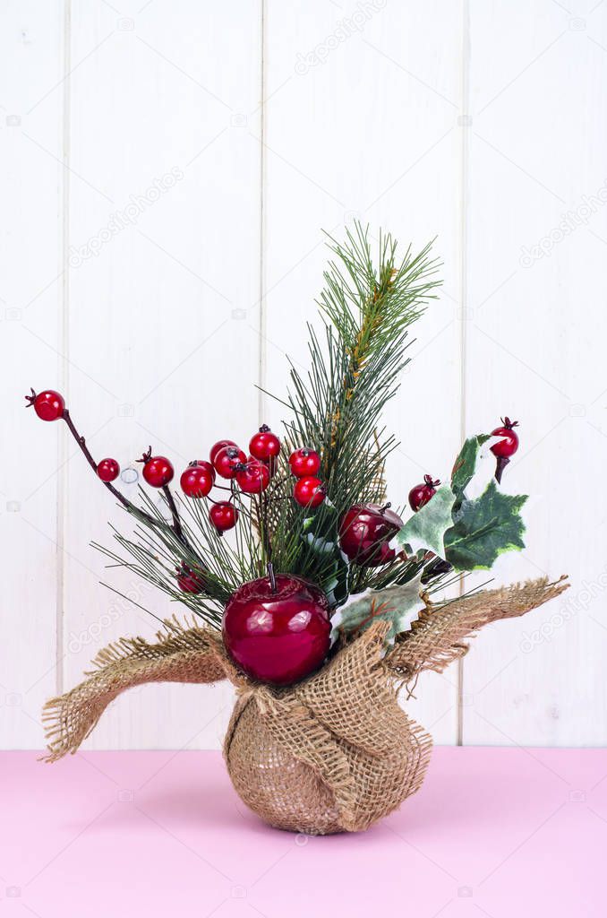 New Year's and Christmas decorations, composition on table, present. Studio Phot