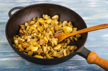 Dökme demir tava, soğan ile kızarmış petrol. Studio fotoğraf