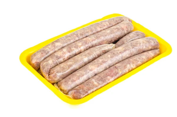 Raw Homemade Sausage Natural Casing Isolated White Background Studio Photo — Stock Photo, Image