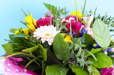 Şık buket çiçek mavi arka plan kutlama için. Stüdyo Phot