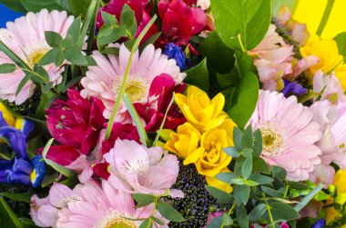 Yaz çiçek buket parlak zemin üzerine karışımı. Studio fotoğraf