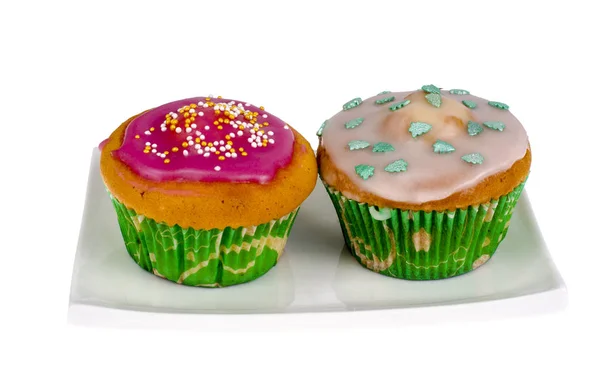 Two Homemade Mini Cupcakes Colored Icing Studio Photo — Stock Photo, Image