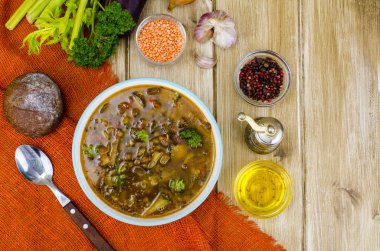 Patlıcan ve mercimek ile sıcak sebze çorbası. Studio fotoğraf