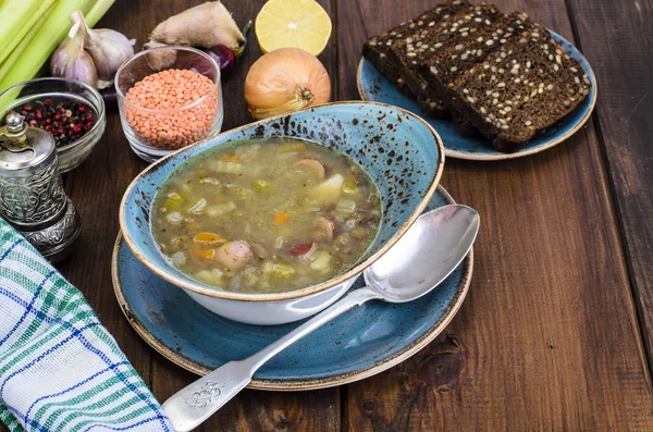 Soup Lentils Sausages Vegetables Studio Photo — Stock Photo, Image