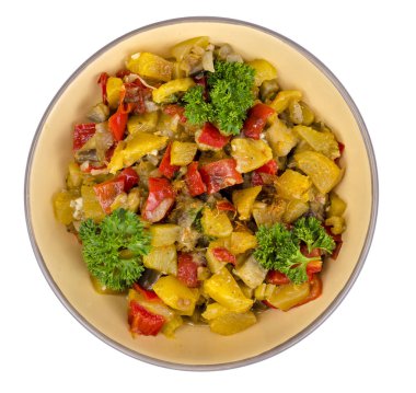 Kabak ve kırmızı pul biber ile Sebze Güveç. Studio fotoğraf