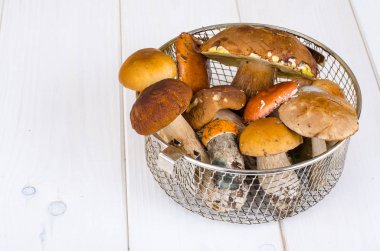 Beyaz ahşap masa üzerinde taze vahşi orman mantar. Studio fotoğraf