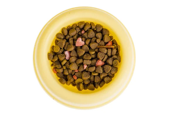Yellow Plastic Bowl Dry Pet Food Studio Photo — Stock Photo, Image