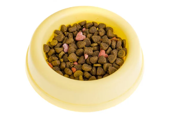 Yellow Plastic Bowl Dry Pet Food Studio Photo — Stock Photo, Image