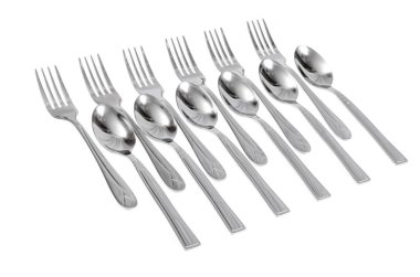 Metal çatal bıçak takımı beyaz izole. Studio fotoğraf
