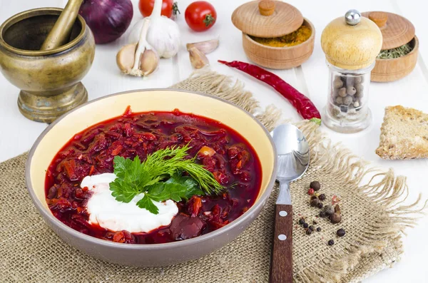 Leckere Heiße Gemüsesuppe Mit Rote Bete Russischem Borschtsch Studioaufnahme — Stockfoto