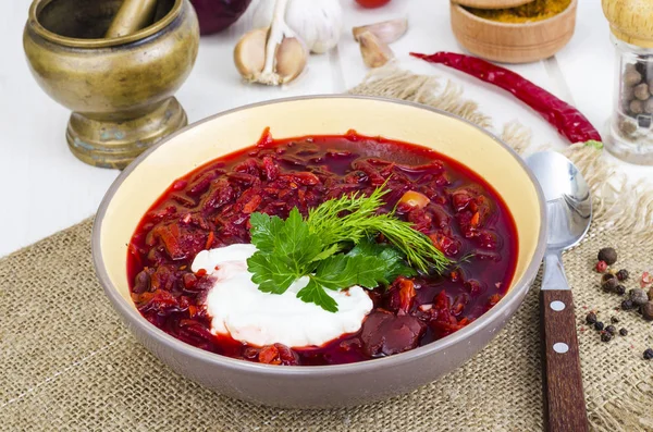 Delicious Hot Vegetable Soup Beetroot Russian Borscht Studio Photo — Stock Photo, Image