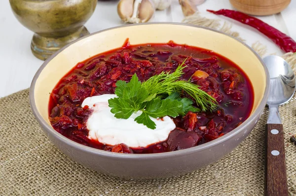 Delicious Hot Vegetable Soup Beetroot Russian Borscht Studio Photo — Stock Photo, Image