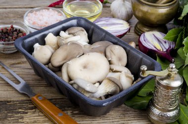 Taze istiridye mantar paketleme, yemek pişirmek için baharat içinde. Studio fotoğraf