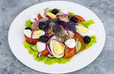 Yumurta, balık ve zeytin ile sebze salatası