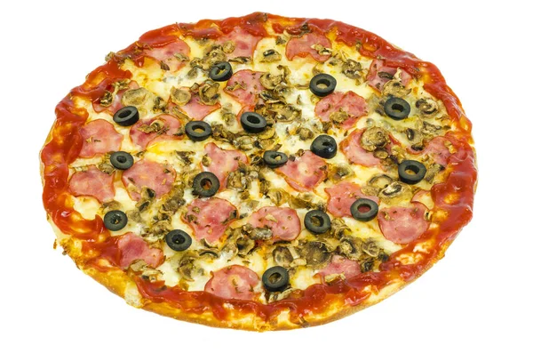 Beyaz arka planda izole jambon ve mantar ile lezzetli pizza. 