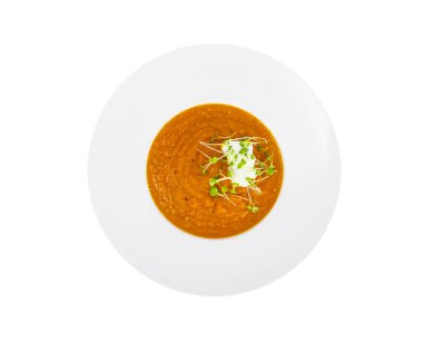 Cress salata yeşillikleri ile vejetaryen kabak çorbası püresi.