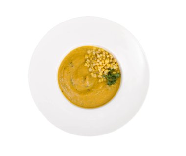 Mısır püre çorbası ile beyaz plaka