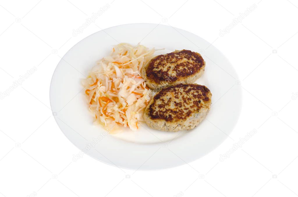 Pickled cabbage with cutlets oa white plate