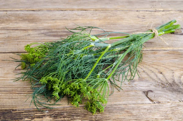 Gäng färsk grön dill med frön på träbord. — Stockfoto