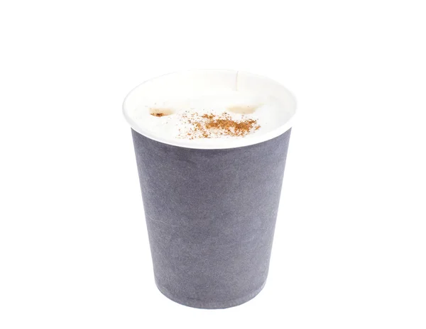 Taza de papel negro desechable con capuchino, latte . — Foto de Stock