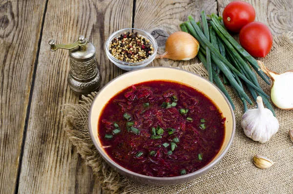 Veggie vegetable soup with red beet. — Stock Photo, Image