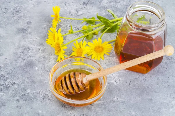 Aromatic flower honey, wild flowers on gray background. — Stock Photo, Image